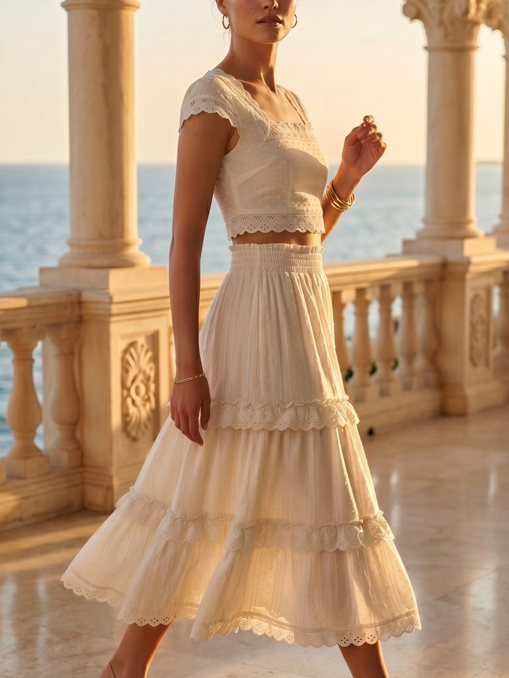 Altar'd State Cream Eyelet Tiered Midi Skirt Size L Boho Cottagecore